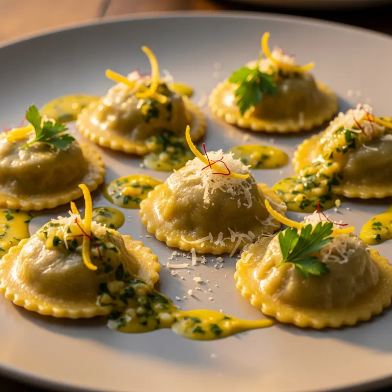 Ravioli d'Ossobuco Dorato con Salsa Gremolata al Limone e Zafferano