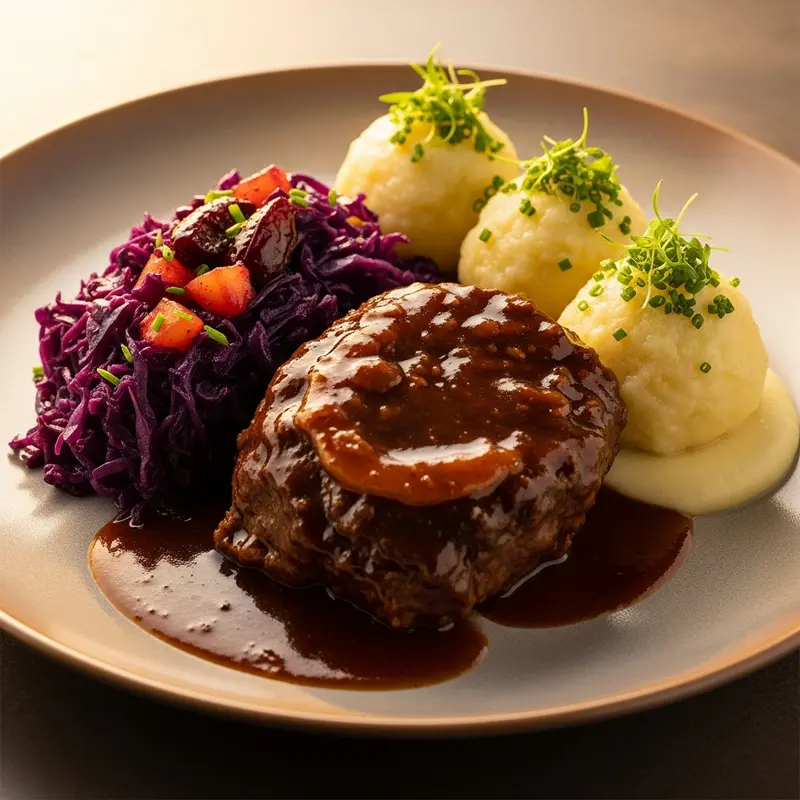 Rheinischer Ochsenbäckchen Sauerbraten: Slow-Braised Beef Cheek with Spiced Apple-Plum Red Cabbage and Silken Potato Dumplings