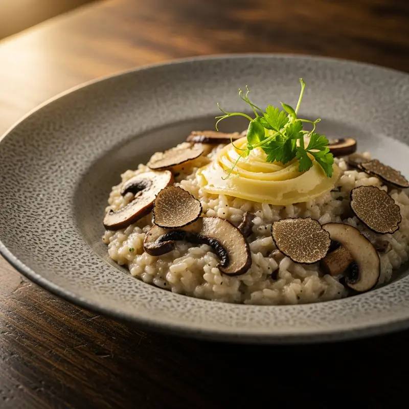 Risotto ai Funghi Porcini e Tartufo Nero Estivo con Mantecatura al Parmigiano Reggiano