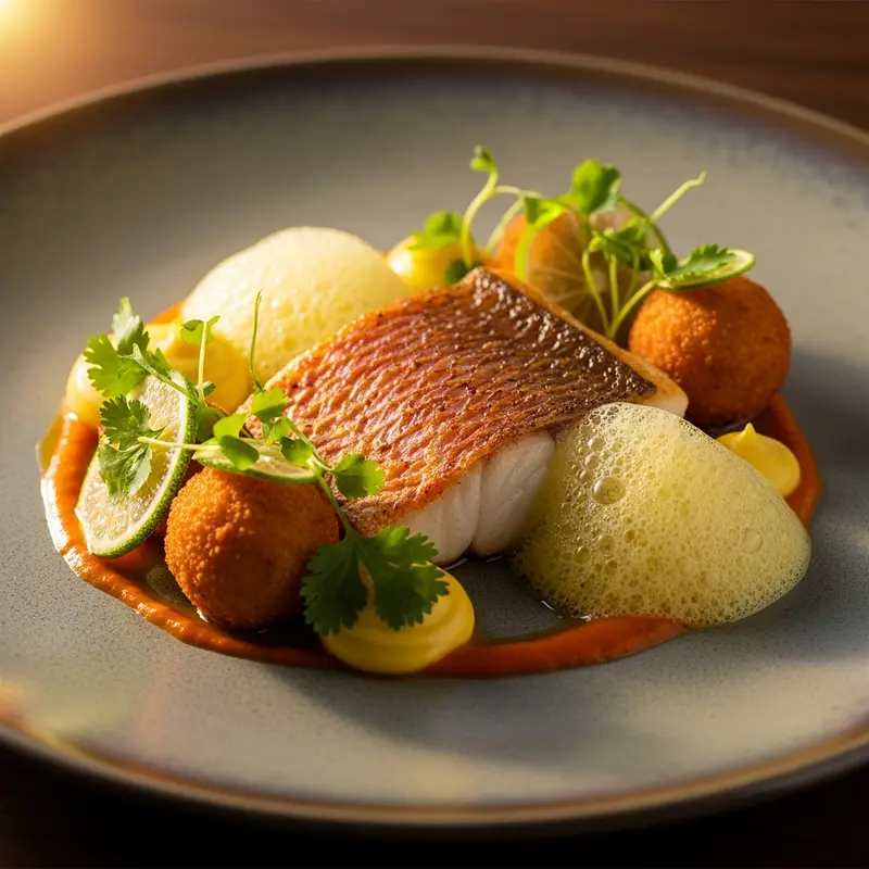 Ruby Snapper with Ackee Cloud, Saltfish Bonbon, and Scotch Bonnet-Lime Nectar