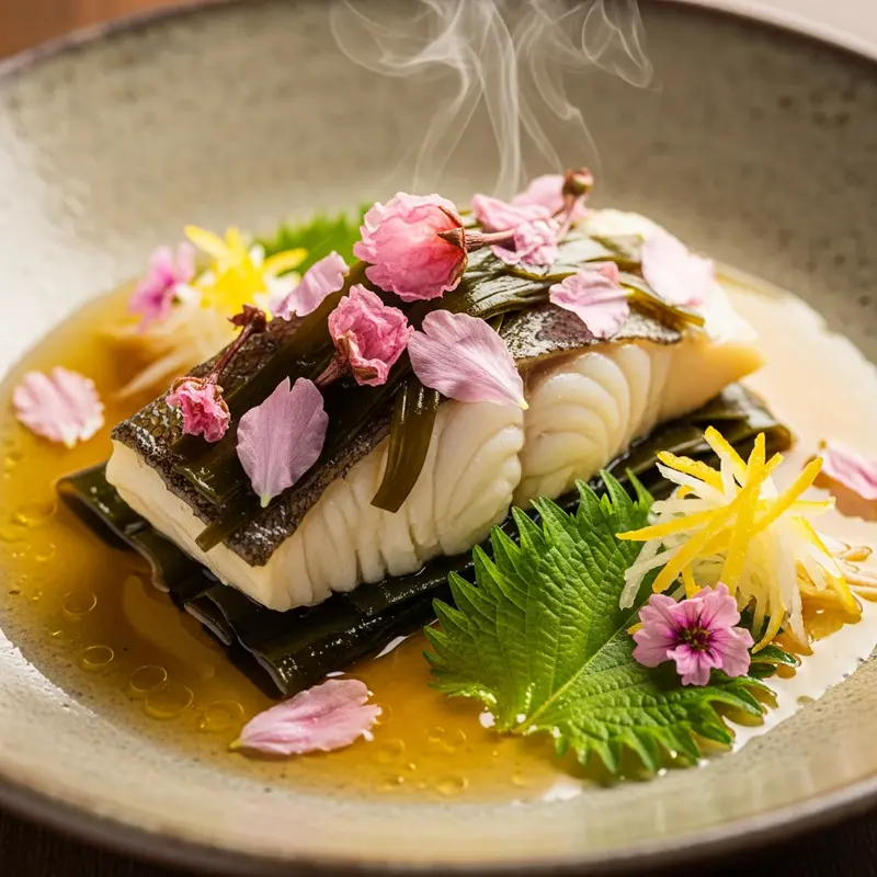 Sakura-Kissed Gindara & Kombu Sakamushi with Yuzu-Shio Dashi Nectar
