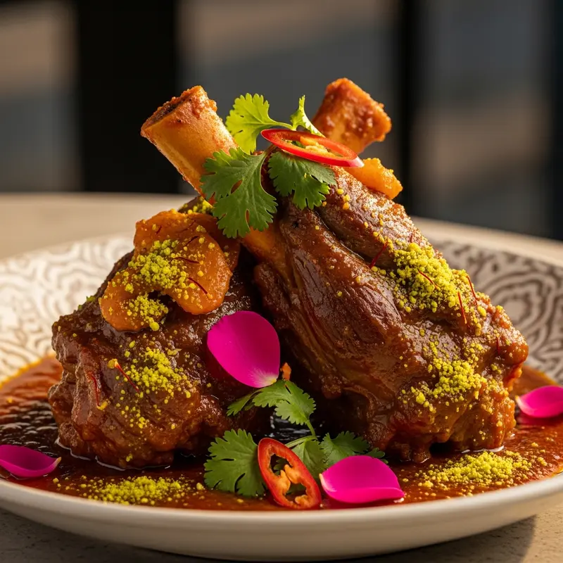 Shahjahani Nalli Rogan: Slow-Braised Lamb Shanks with Saffron-Rose Infusion and Pistachio Dust