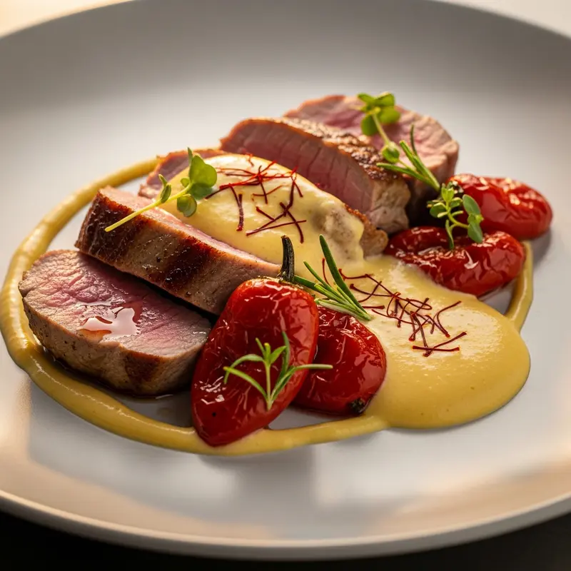 Solomillo Ibérico con Crema de Azafrán y Pimientos del Piquillo Confitados
