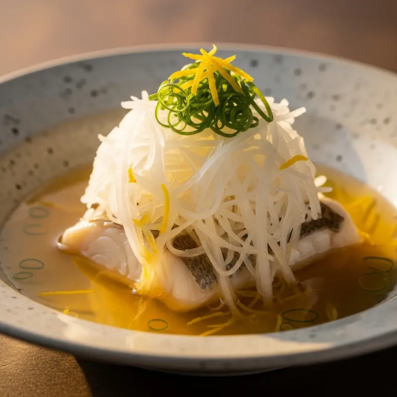 Suisen Tai Kabura Mushi: Poached Sea Bream with Winter Turnip Cloud & Yuzu-Kelp Dashi