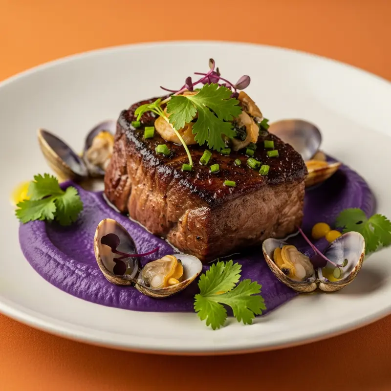 Tesouros do Alentejo: Lombo de Porco Ibérico Confitado com Amêijoas Frescas, Puré de Batata Doce Roxa e Gremolata de Coentros
