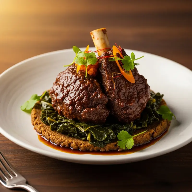 Ye'beg Alecha Wot Imperiale: Slow-Braised Lamb Shoulder with Saffron-Kissed Collard Greens and Cardamom-Infused Niter Kibbeh