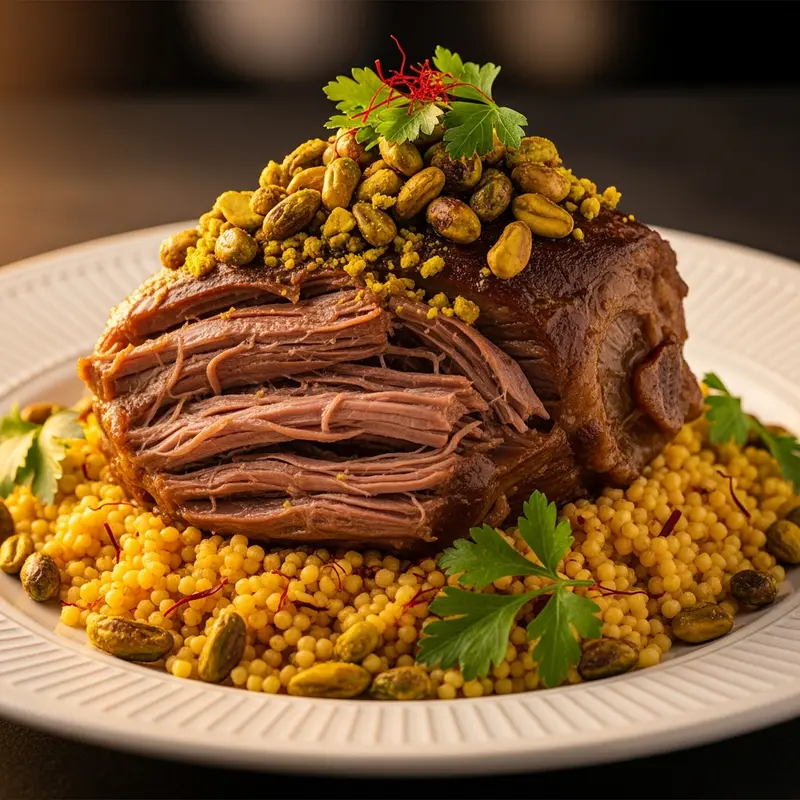 Zahrat Al-Moghrabieh: Slow-Braised Lamb Shoulder with Saffron-Infused Pearl Couscous and Toasted Pistachios
